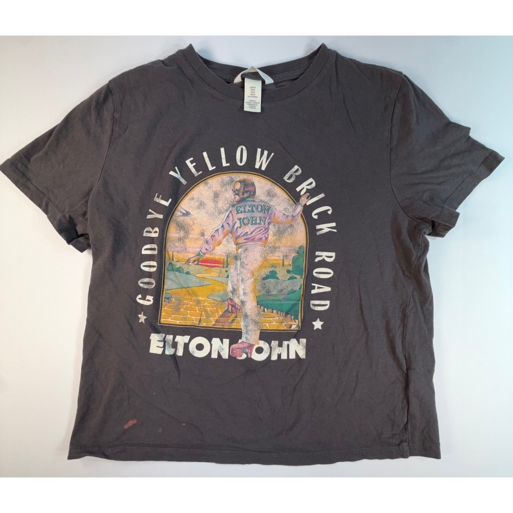 H&M Elton John Goodbye Yellow Brick Road Graphic T-Shirt Gray Medium